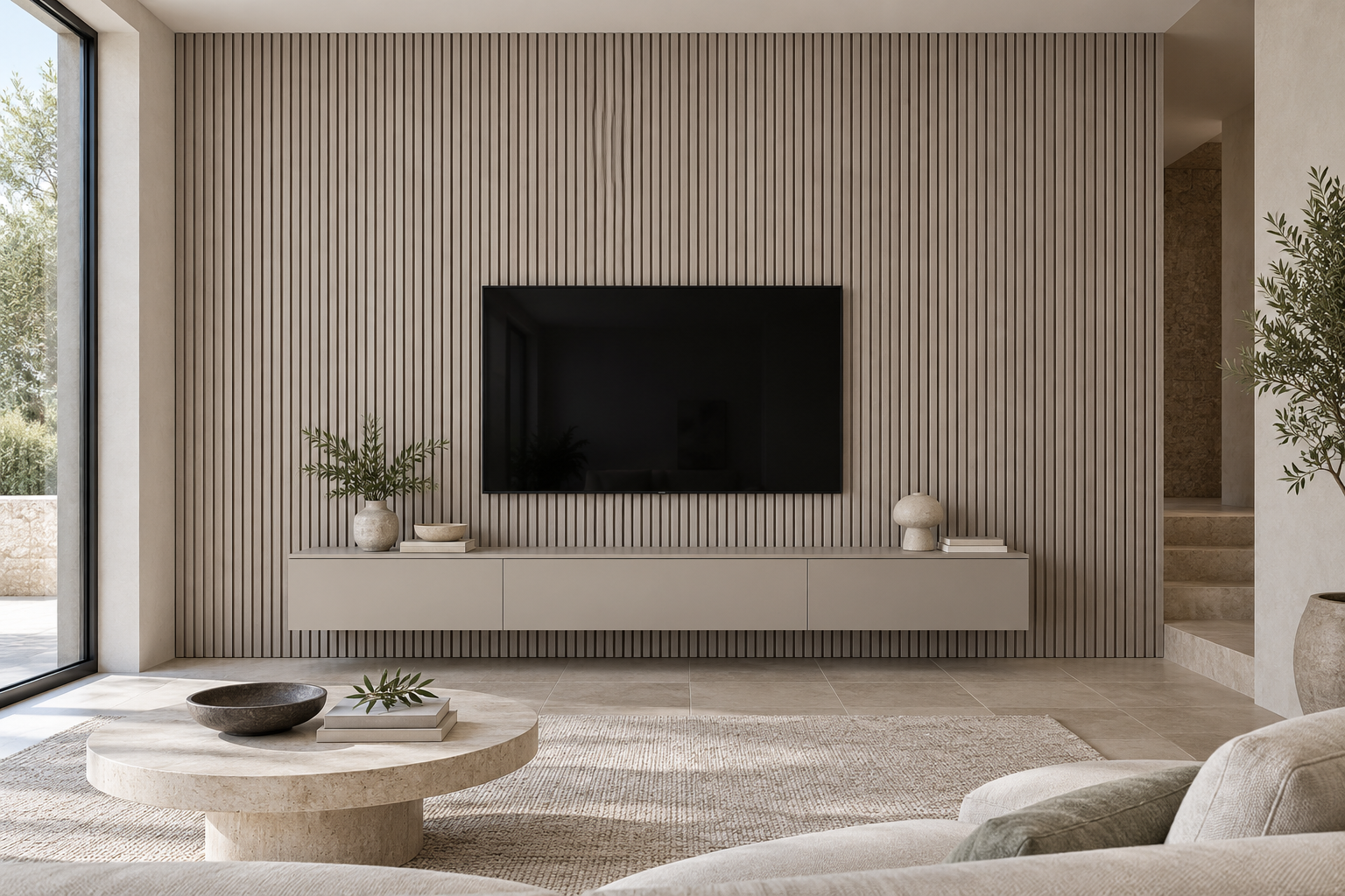 Painel ripado Ceniza numa sala contemporânea