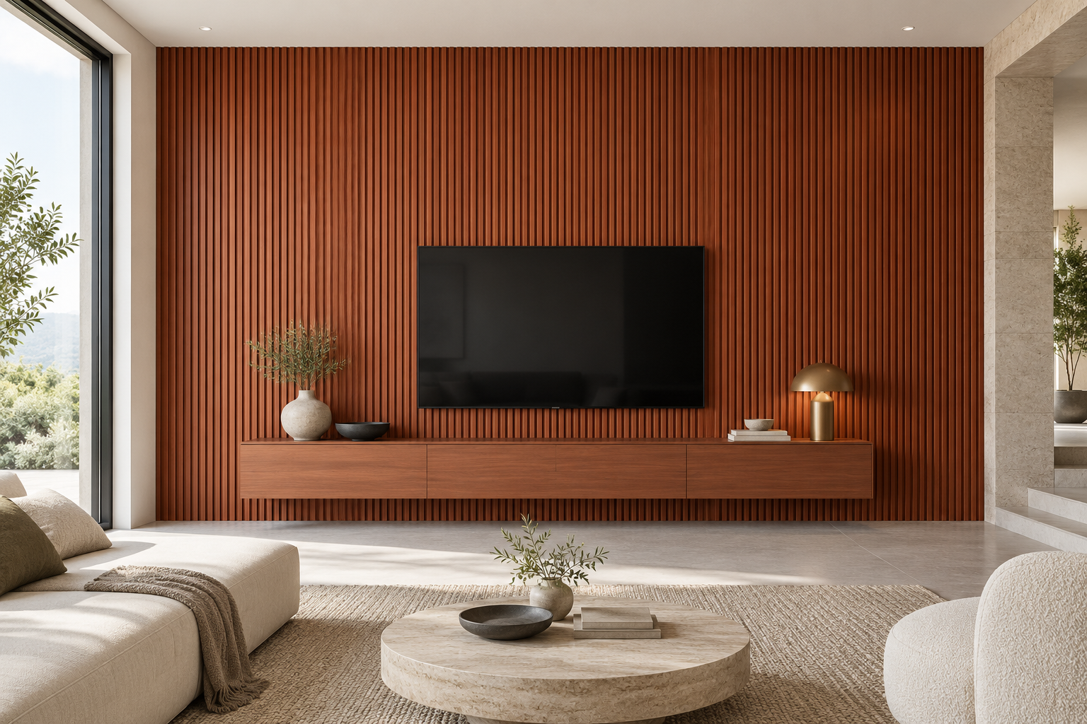 Painel ripado Cerejo numa sala contemporânea