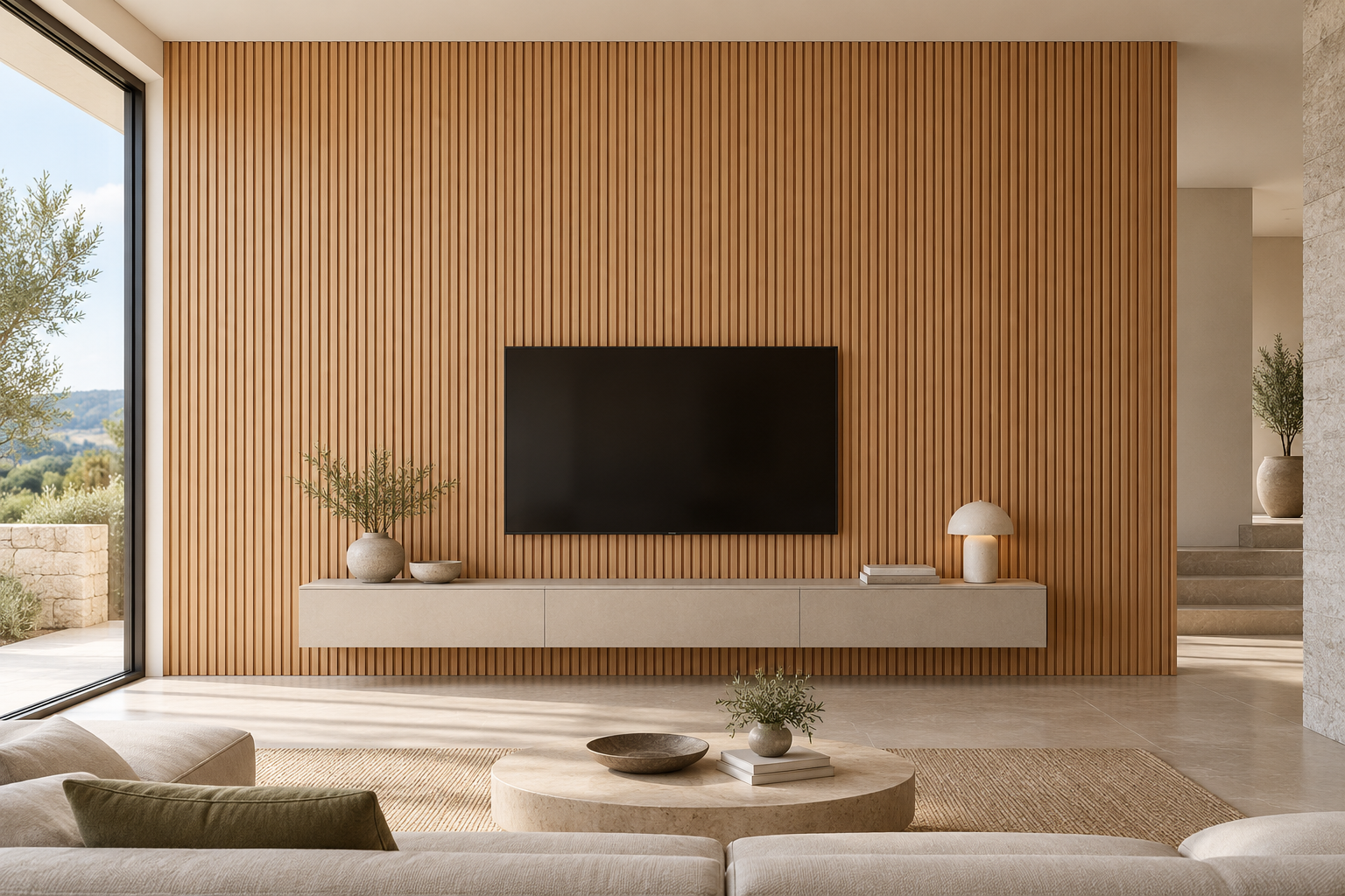 Painel ripado Faya numa sala contemporânea