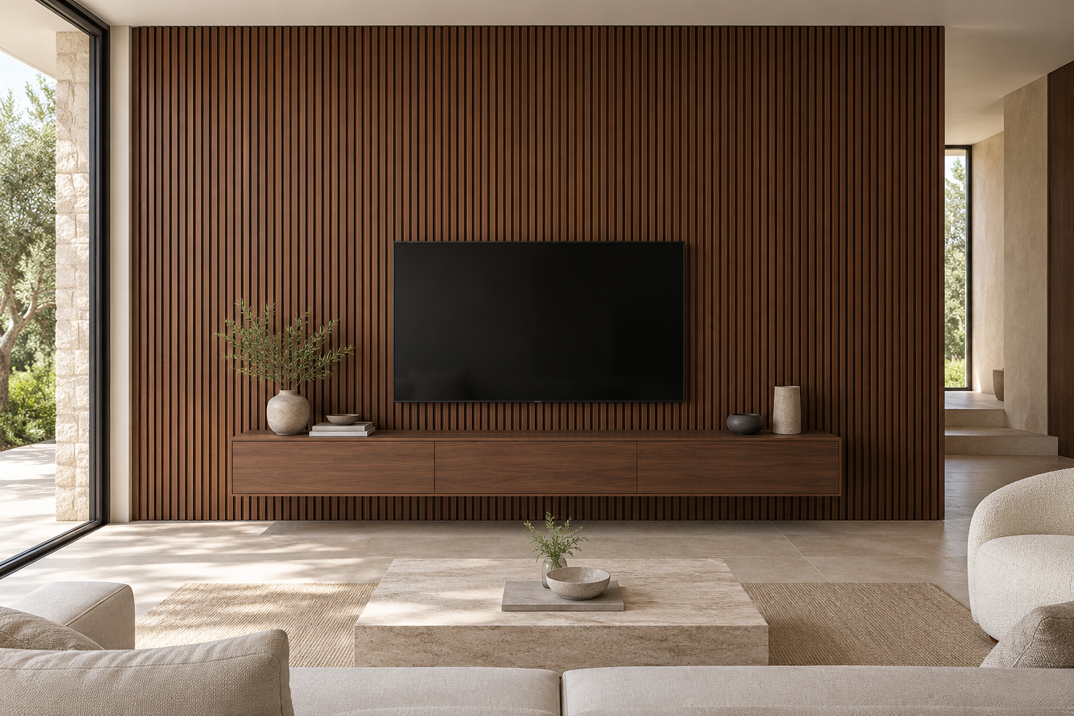 Painel ripado Nogal numa sala contemporânea