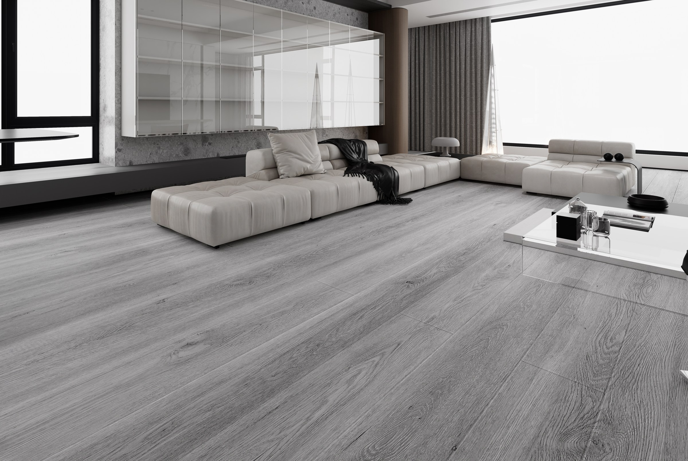 Pavimento SPC Oak Gray num ambiente contemporâneo