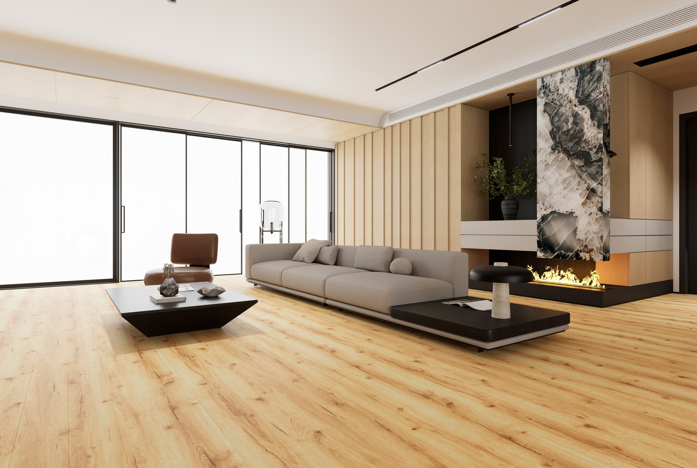Pavimento SPC Oak Root num ambiente contemporâneo
